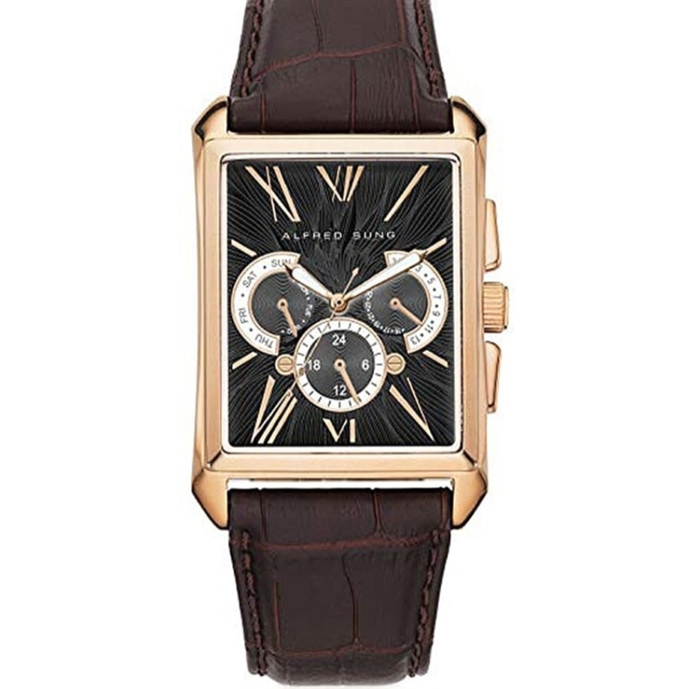 Alfred Sung ION Plated Rose Gold Japanese Movement Watch with Brown Gen - Picture 4 of 7